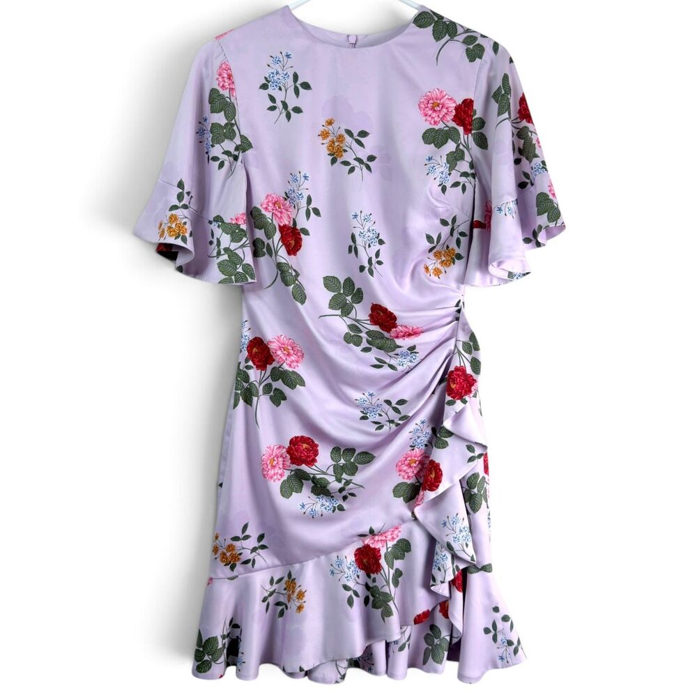 keepsake lilac floral ruffle midi dress ruched asymmetrical romantic size xs